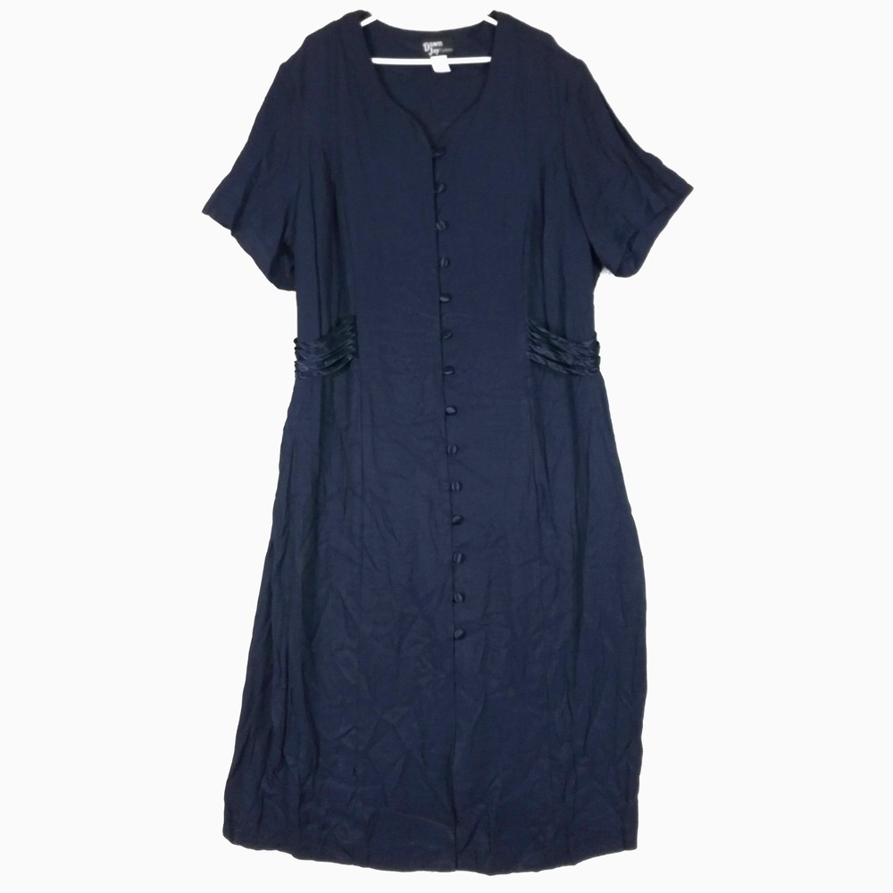 Vtg Dawn Joy Womens Dress Midi Button Front Navy Blue Short Sleeve Plus 24